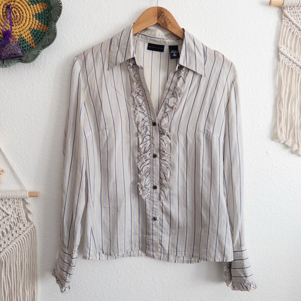 New York & Company Silk Ruffle Button Down Shirt Size Small